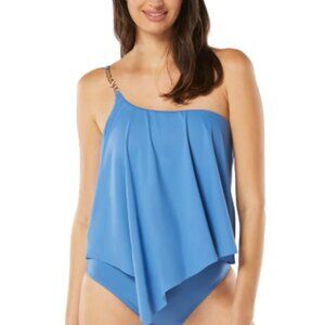 MICHAEL Michael Kors Signature Solid Logo Chain One-Shoulder Tankini Top Blue XS